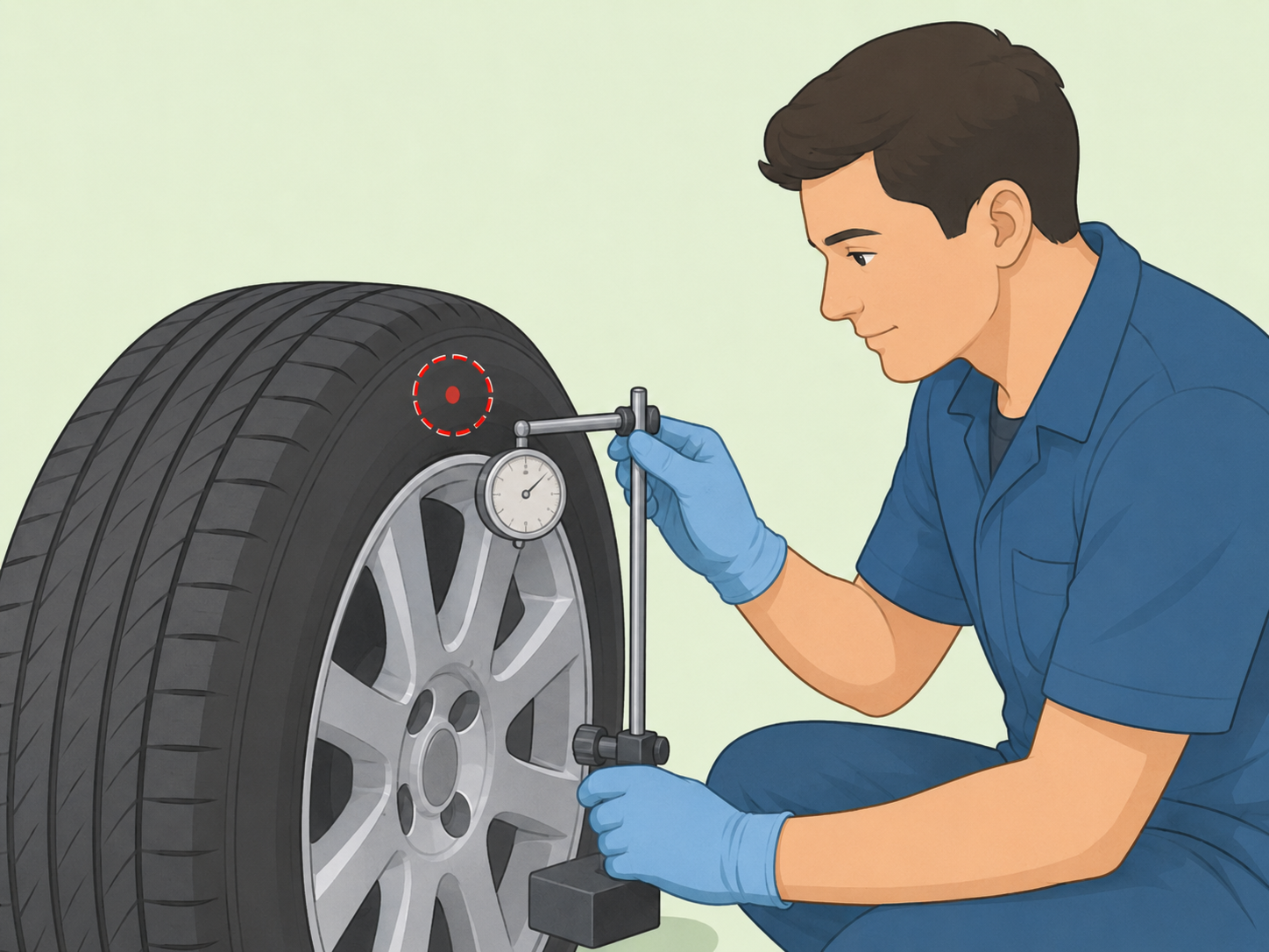 Red tire dot highlighted as a mechanic checks tire uniformity.