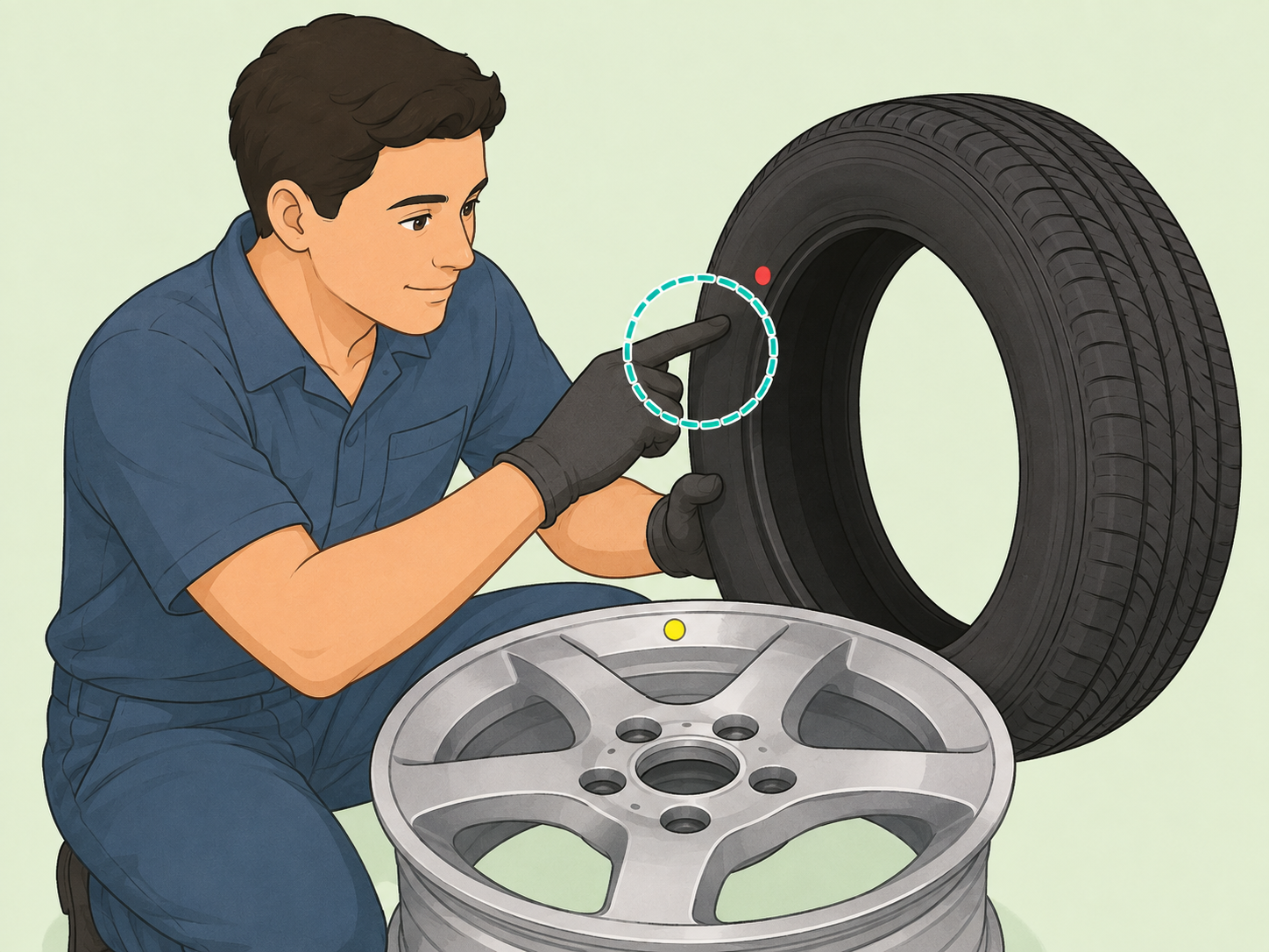 Technician choosing how to align tire dots before mounting.