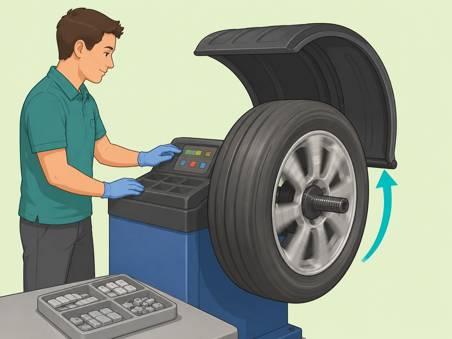 Mounted tire being balanced after installation.
