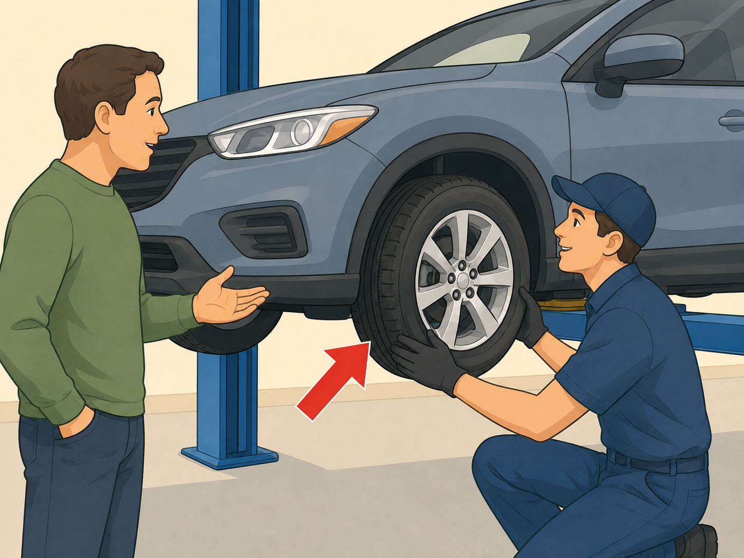 Driver asking a tire technician to inspect a wheel after vibration.