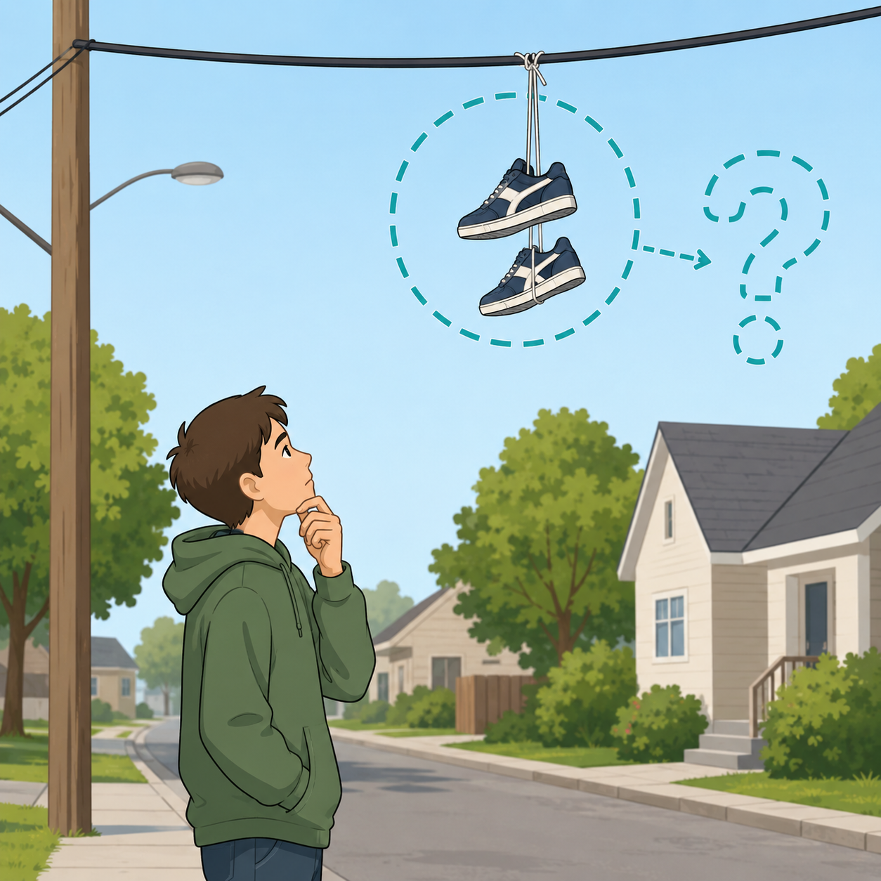 Illustration of a person looking up at shoes hanging from an overhead power line from a safe distance.