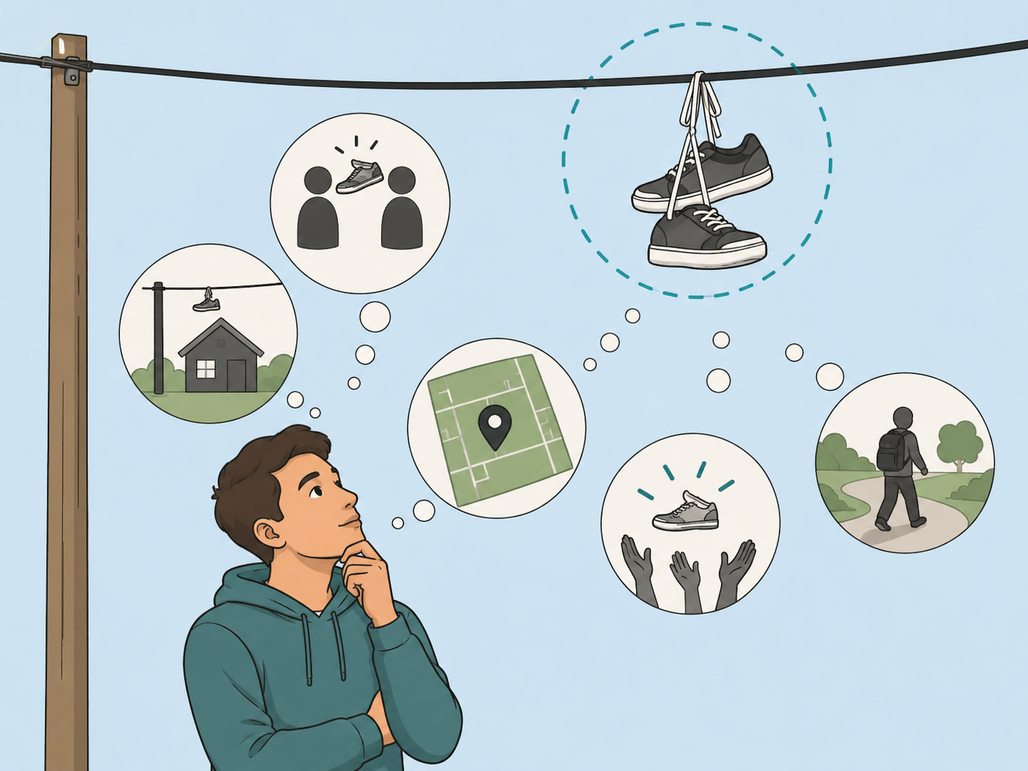 Person considering different possible meanings of shoes hanging from a power line.