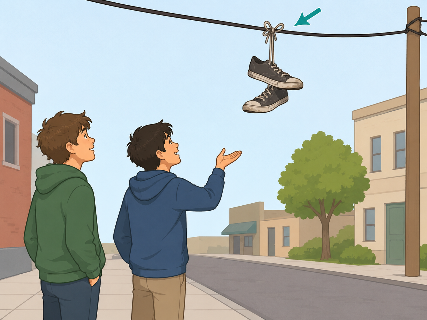 Teenagers looking at shoes tossed over a wire as a prank or dare.