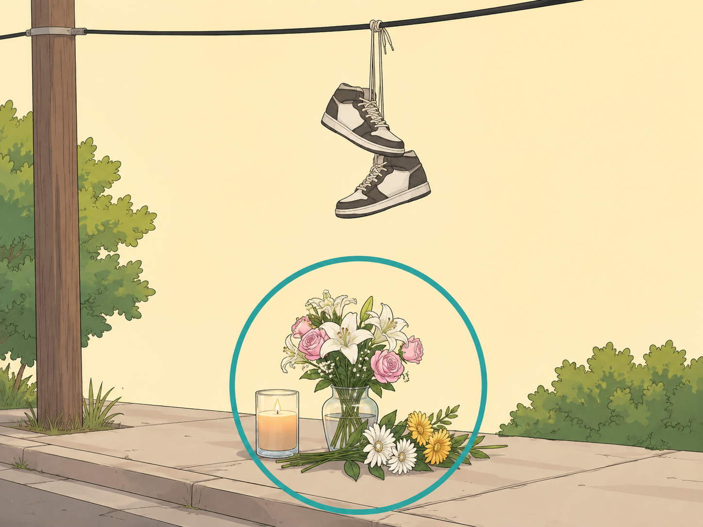 Shoes hanging above a small memorial with flowers below.