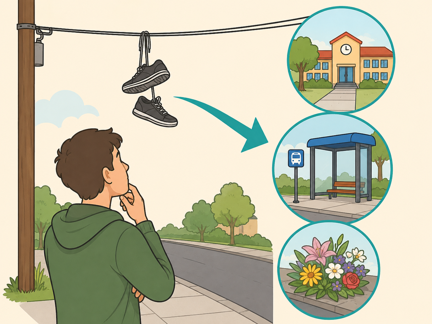 Person checking the surrounding context of shoes hanging from a power line.