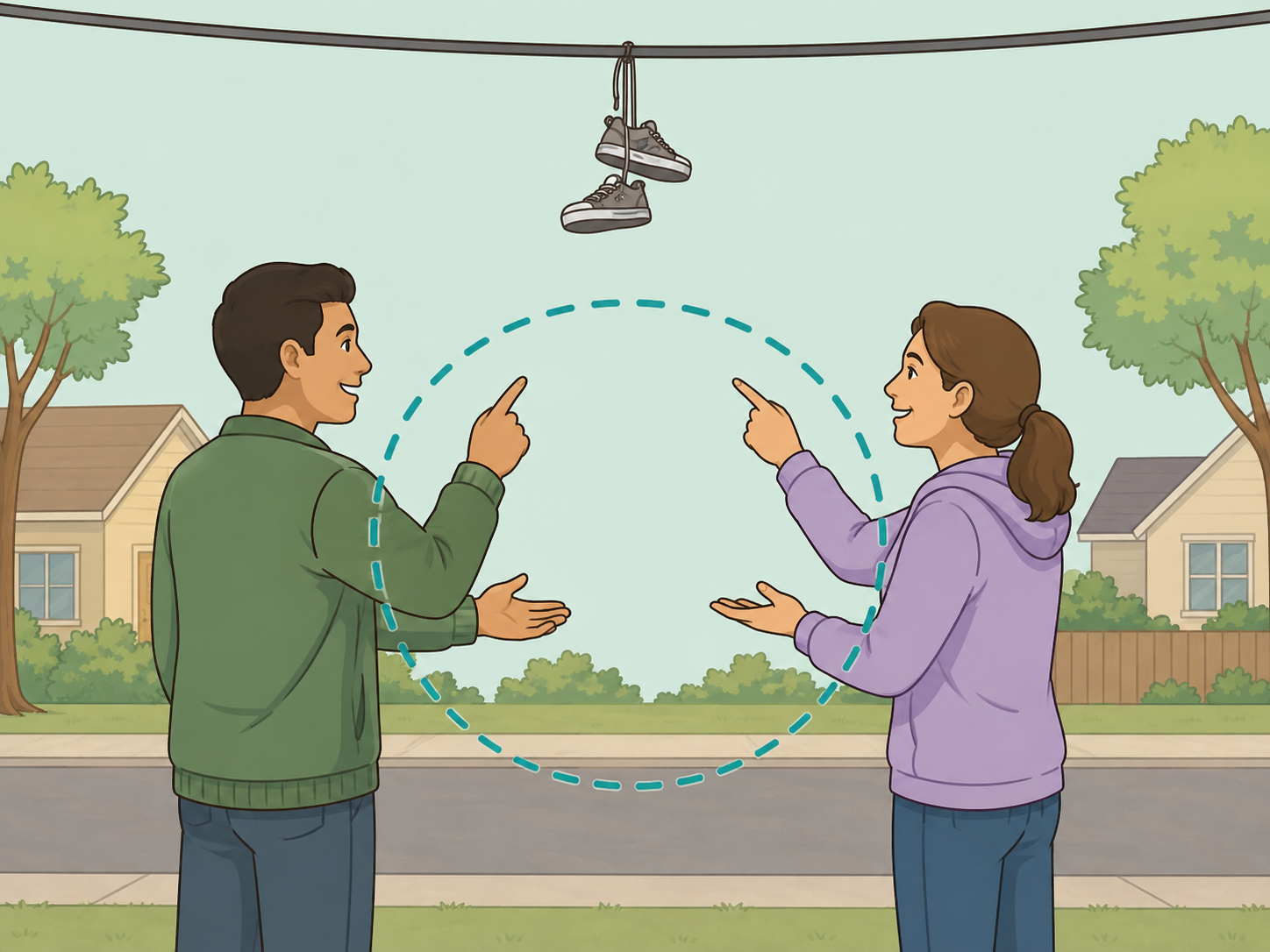 Neighbors asking about the local meaning of shoes hanging from a wire.