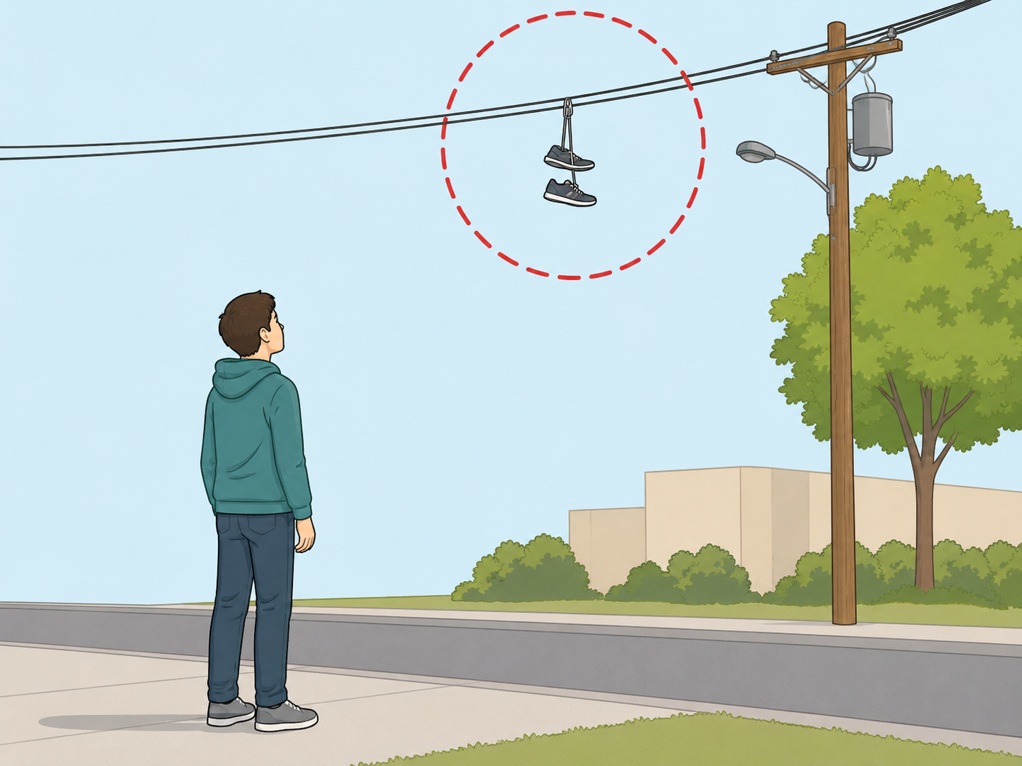 Person keeping a safe distance from shoes hanging on a power line.