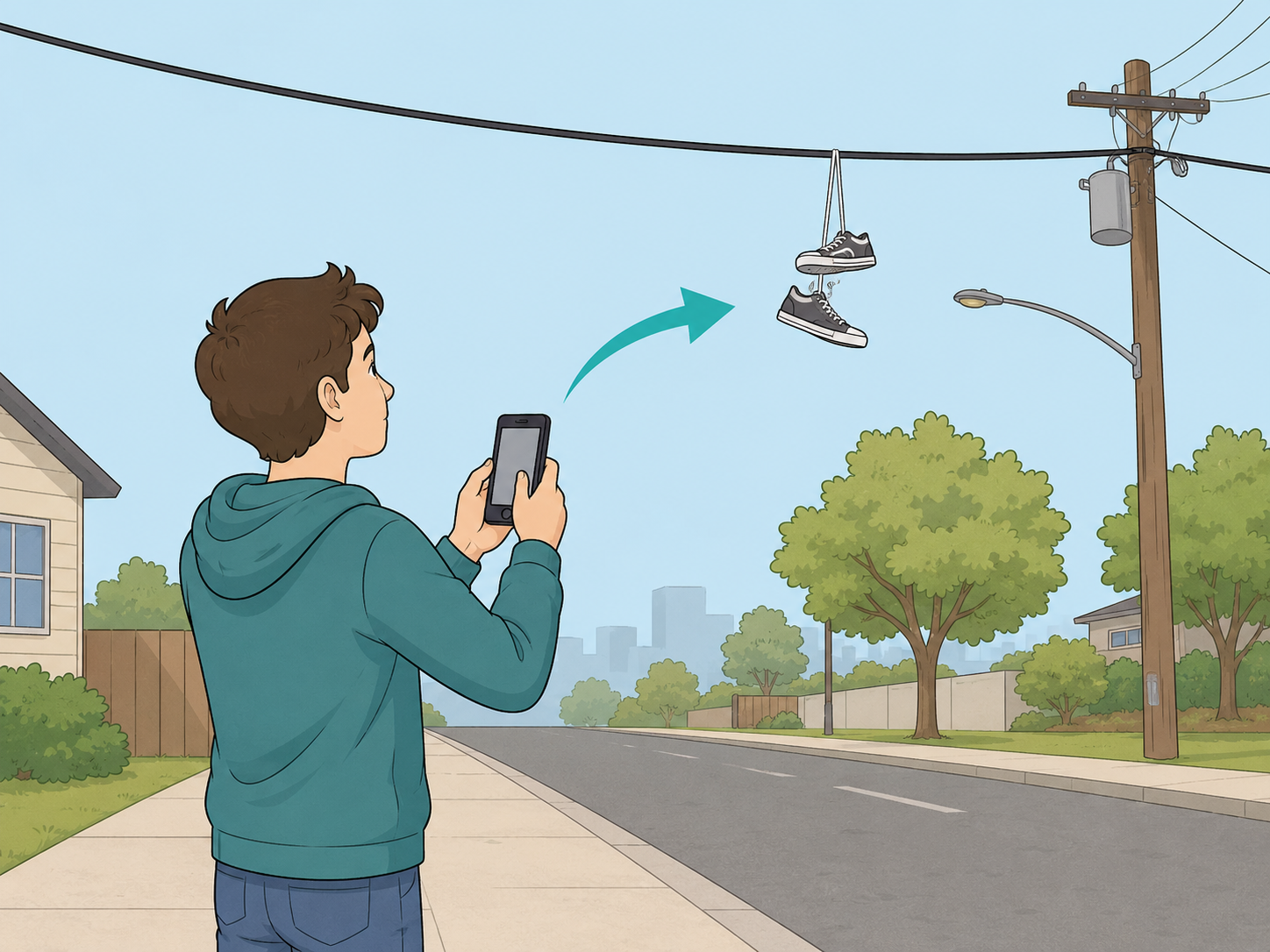 Person reporting shoes hanging from an overhead wire using a phone.