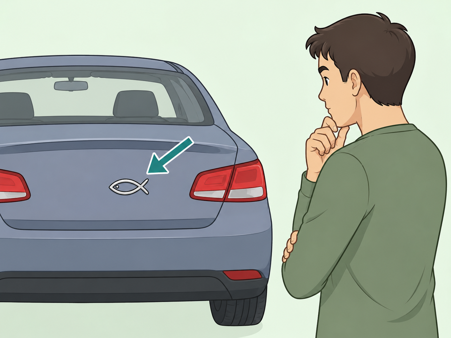 A person looking at a small fish symbol on the back of a car.