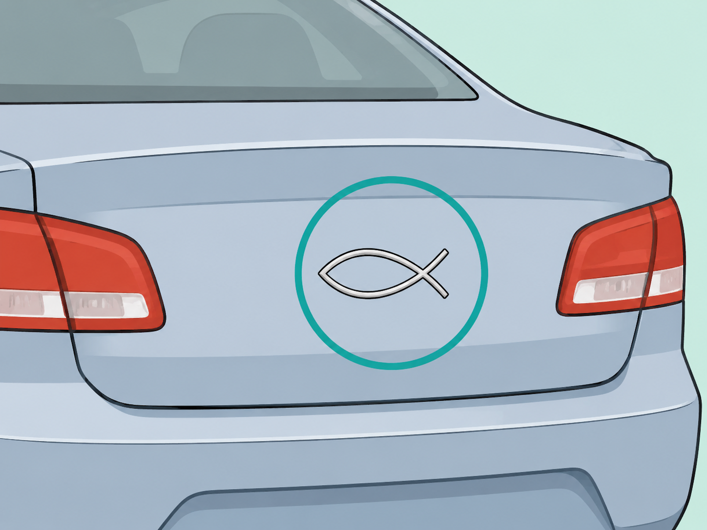 A highlighted small fish outline emblem on the back of a car.