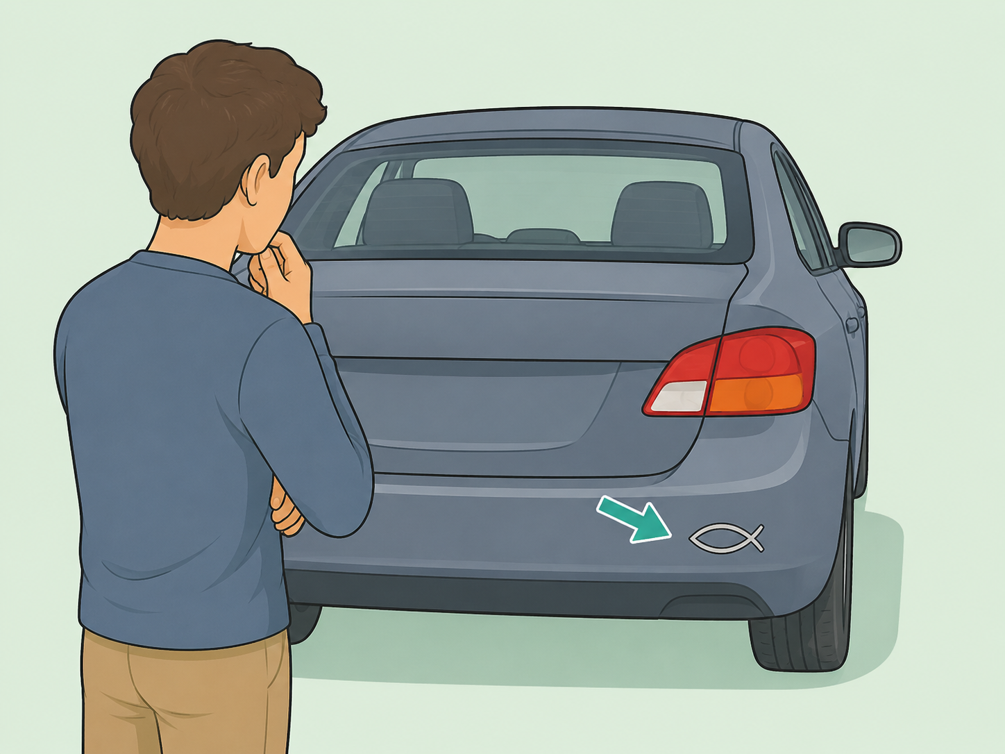 A person recognizing a fish decal on a car bumper.