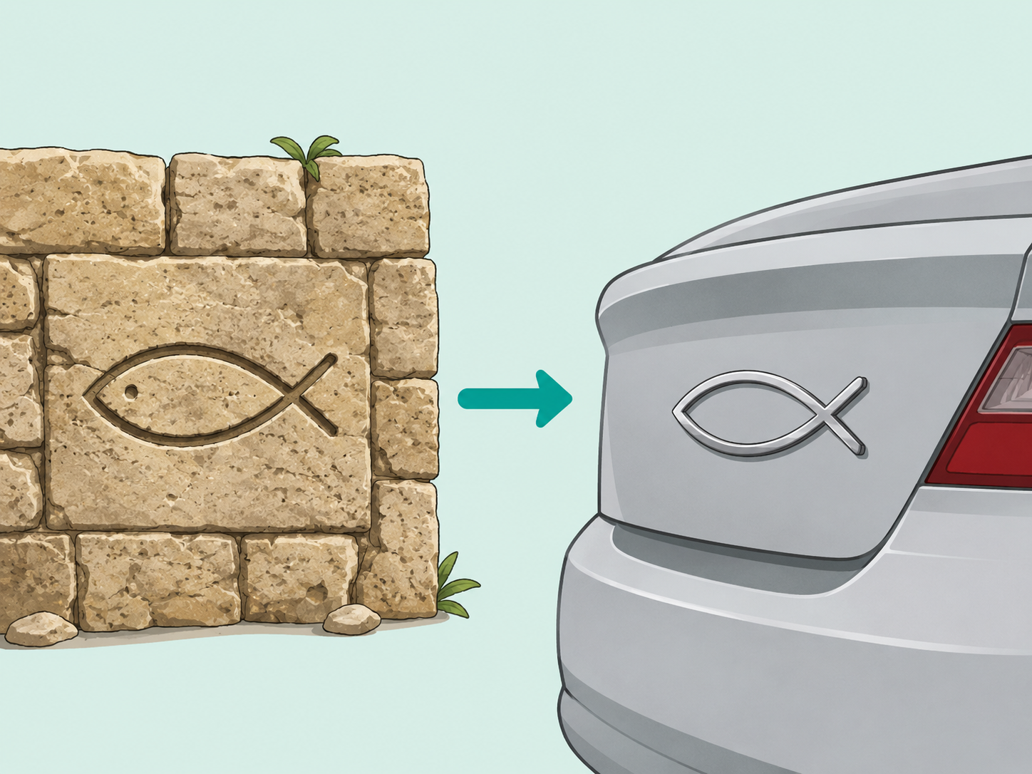 An old carved fish symbol connected to a modern car emblem.