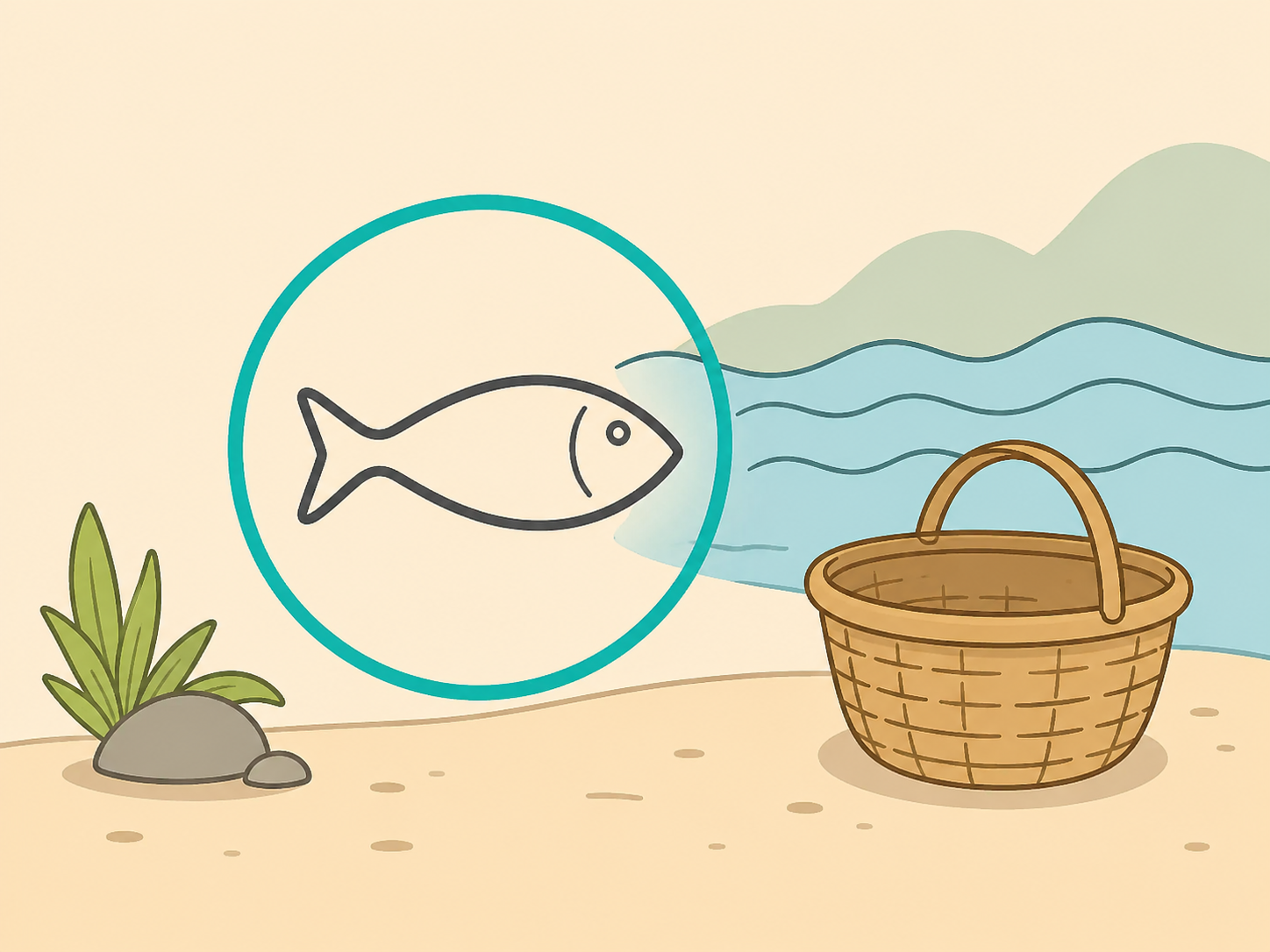 A fish outline shown with simple water and basket imagery.