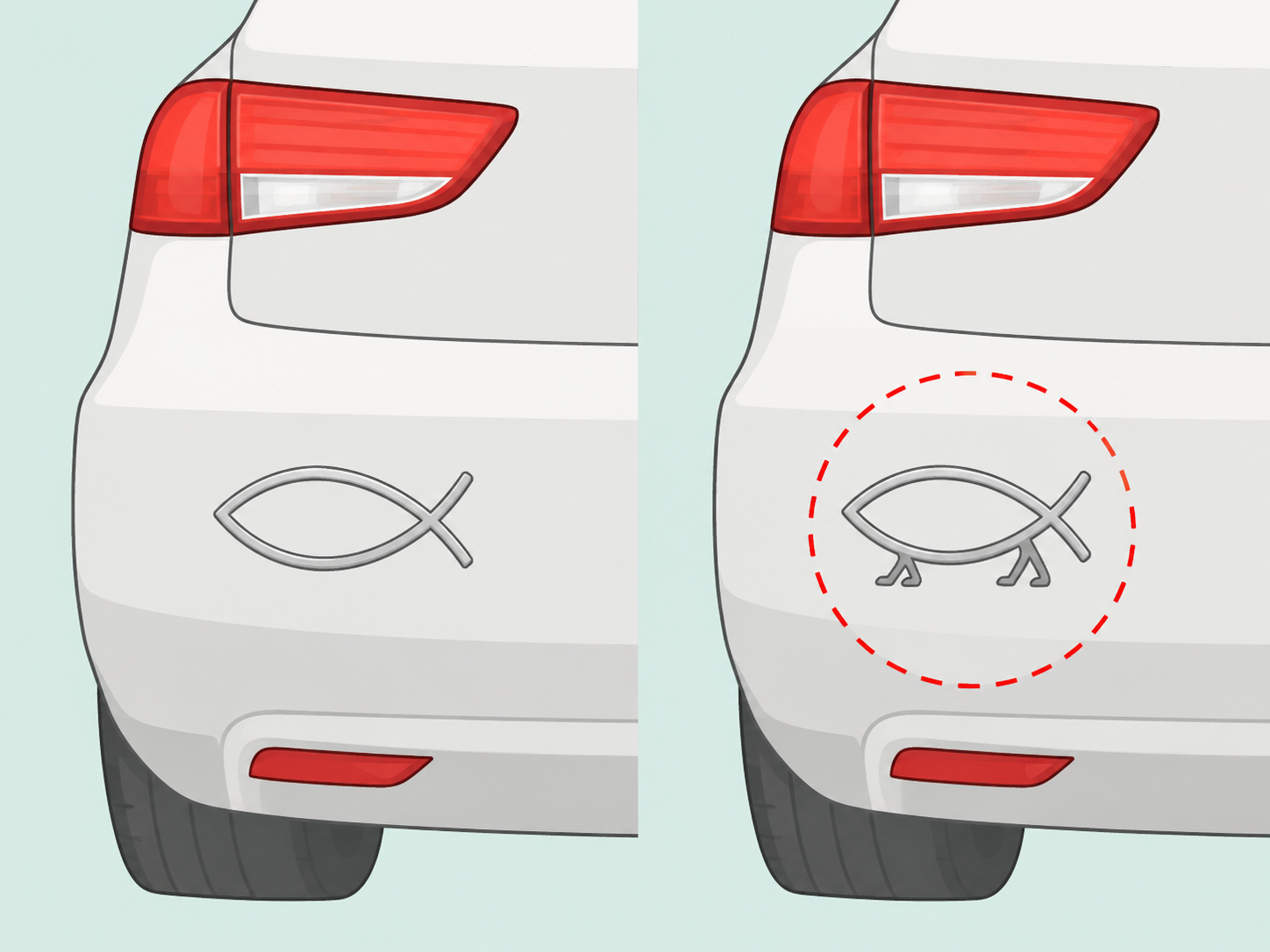 A plain fish symbol compared with a fish symbol that has legs.