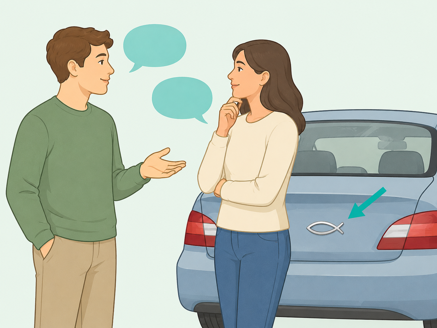 Two people politely discussing a fish symbol on a car.