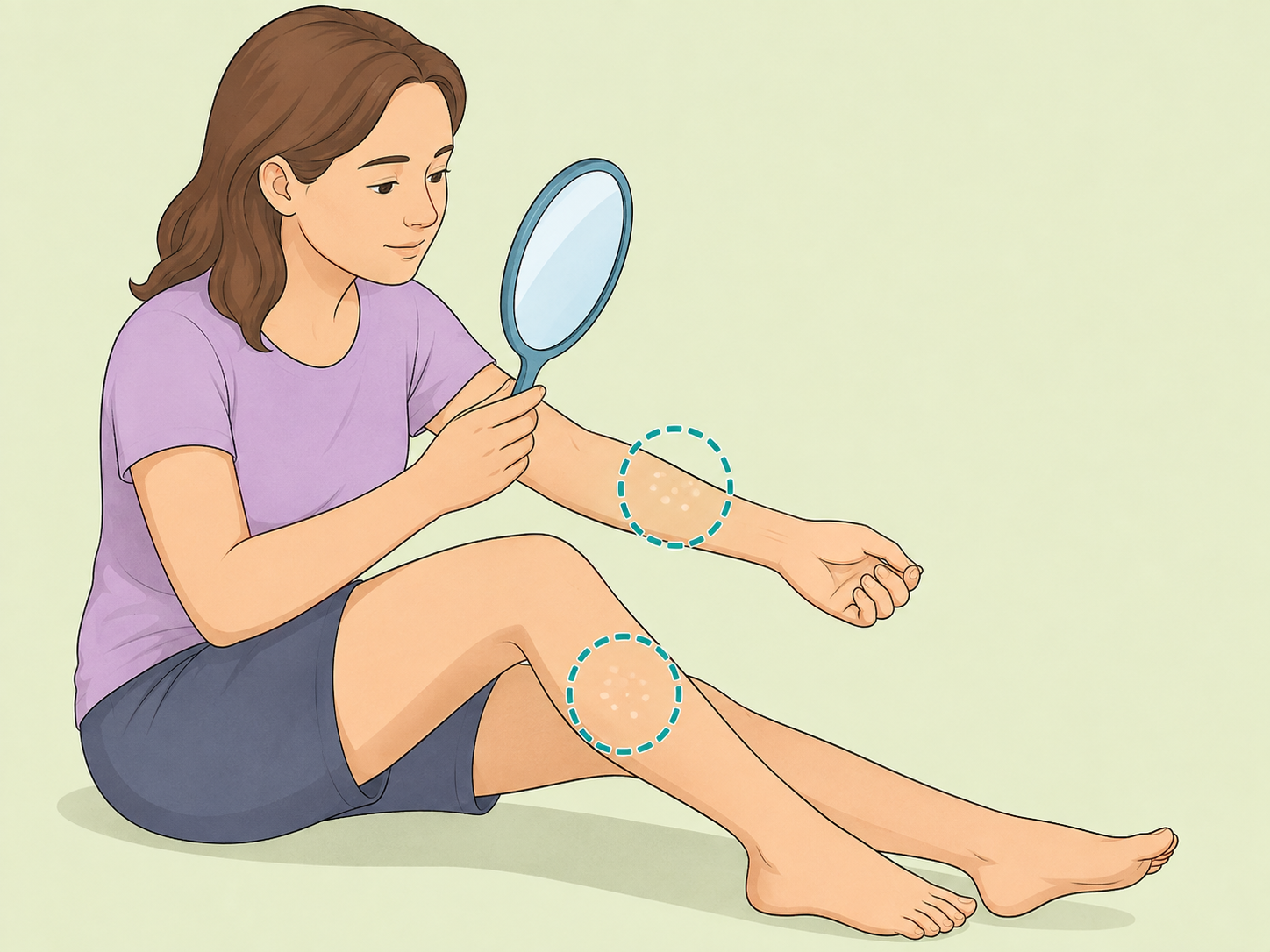 Person examining small white spots on an arm and leg.
