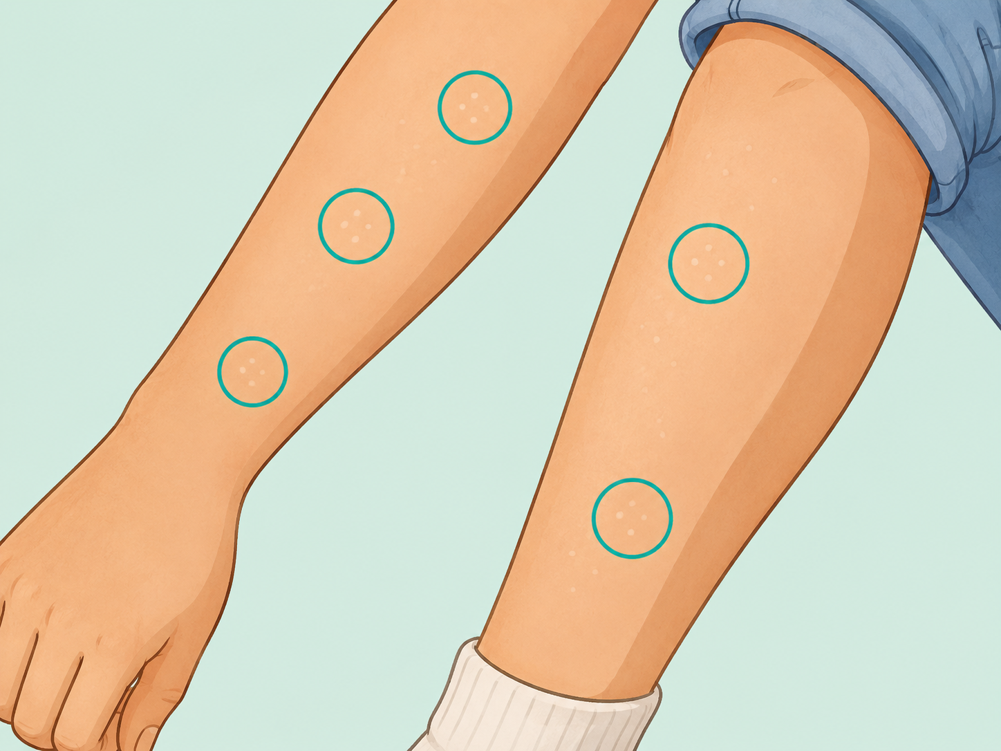 Small smooth white spots highlighted on a forearm and shin.