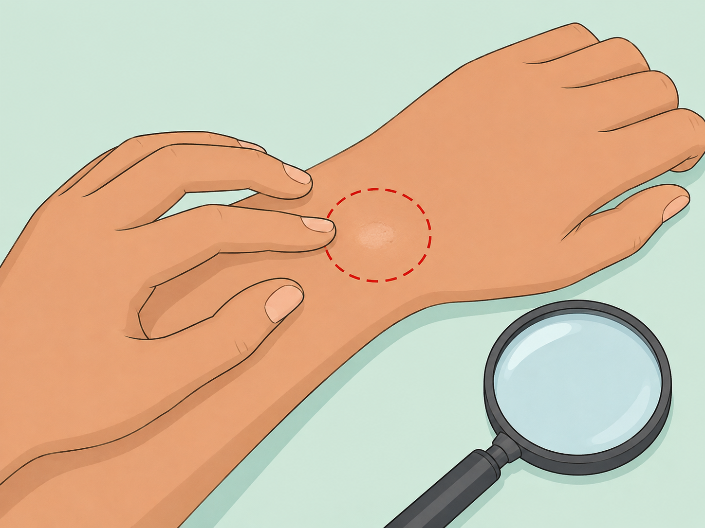 Hands gently checking the texture of a white skin spot.