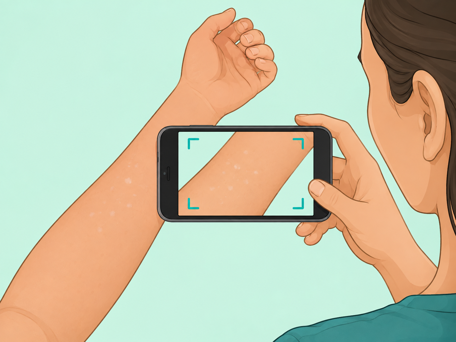 Person photographing white spots on their forearm to monitor them.