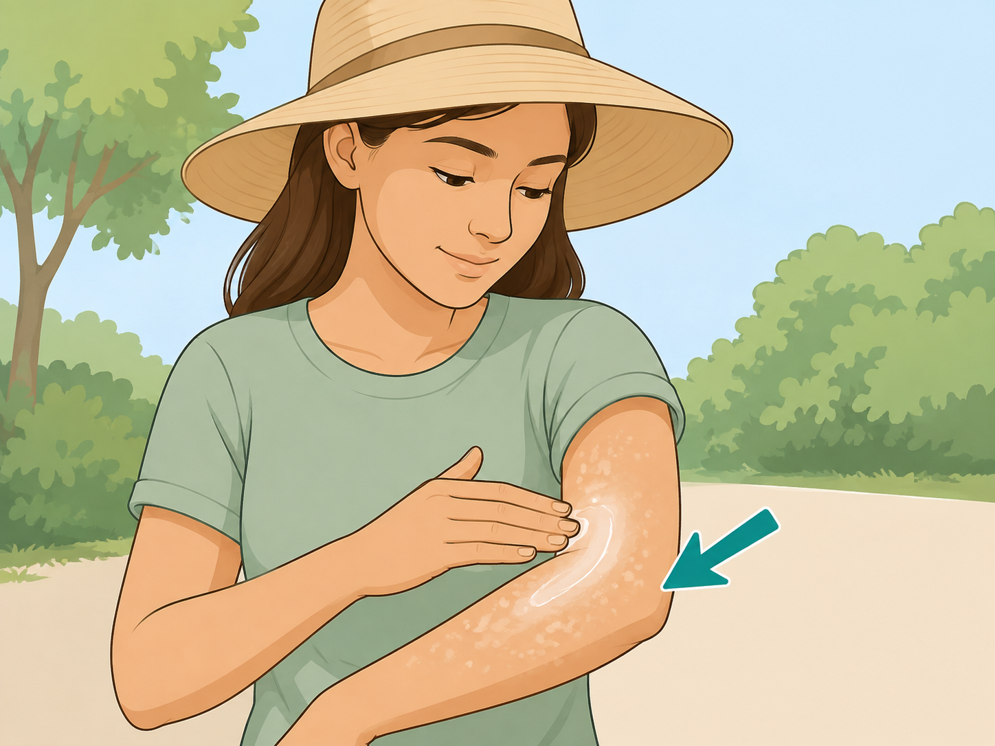 Person applying sunscreen to an arm with small white spots.