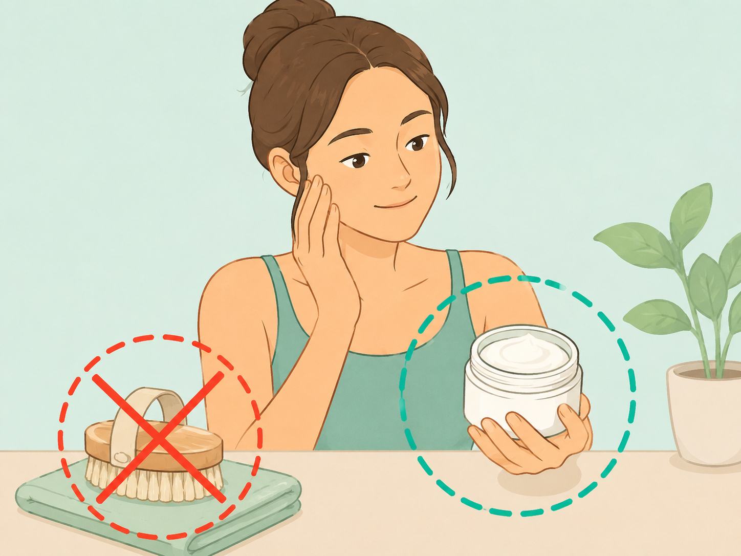 Gentle moisturizer highlighted while a harsh scrub brush is avoided.