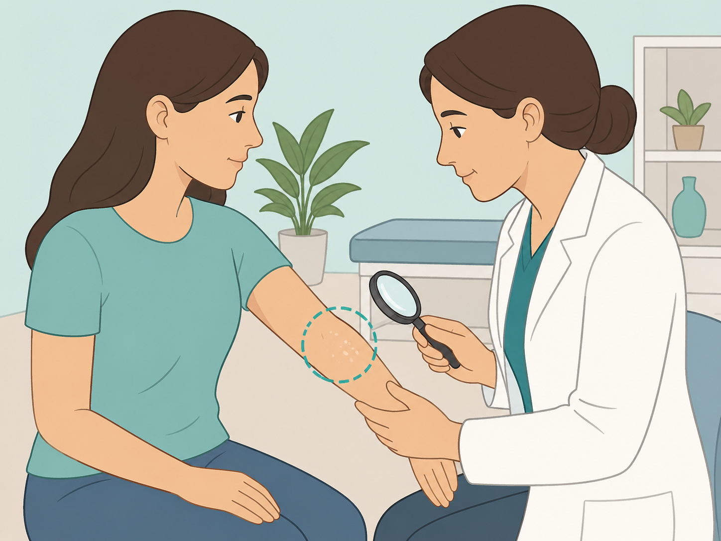 Patient showing white spots on an arm to a dermatologist.