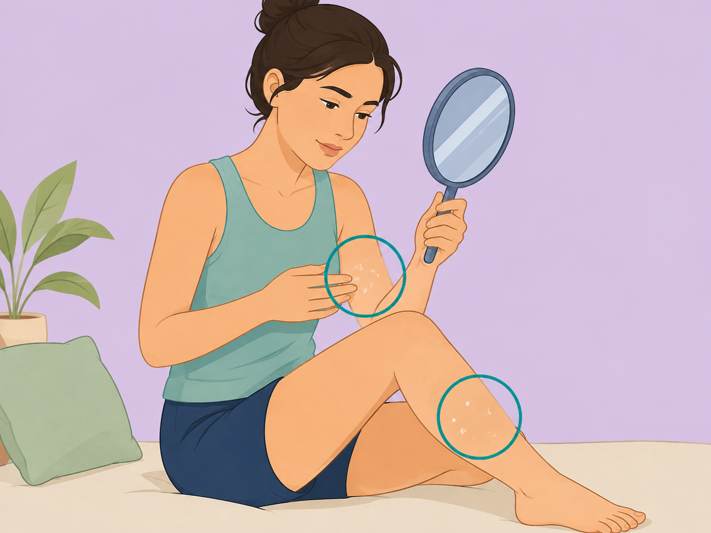 Person checking small white spots on an arm and leg with a hand mirror.