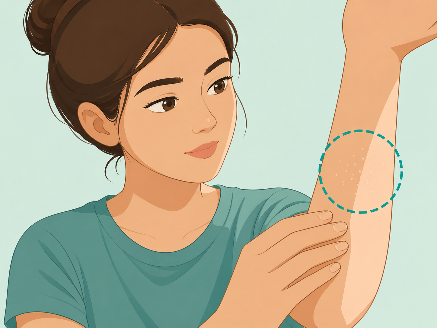 Person checking whether small white spots on the forearm are flat and painless.