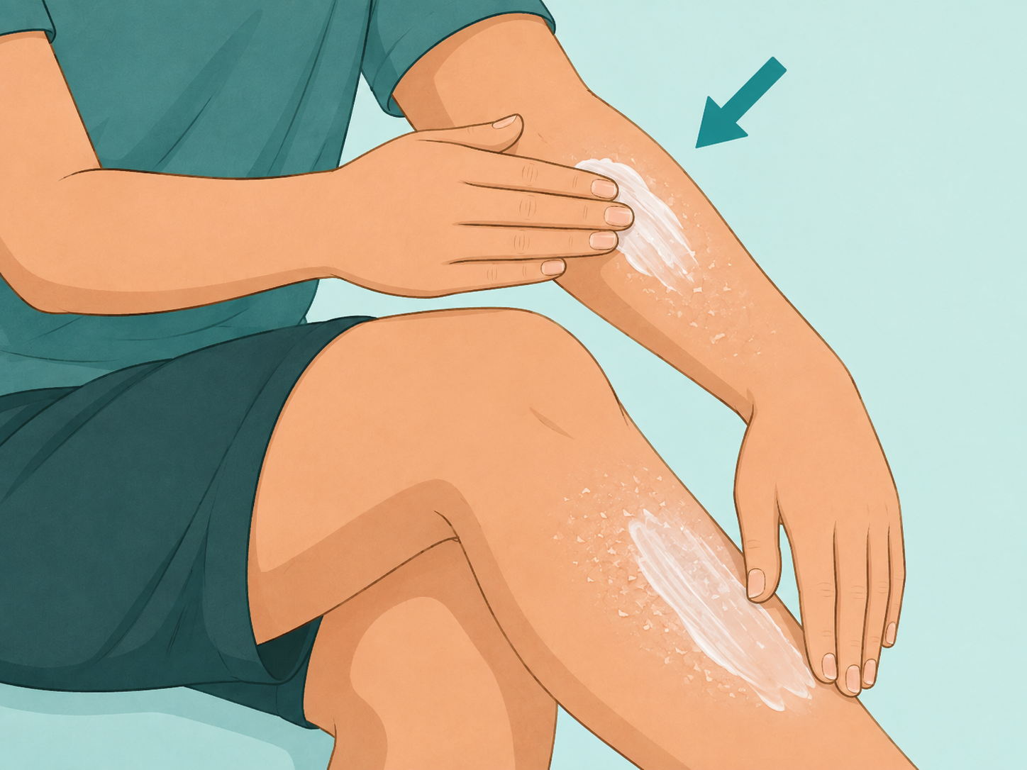 Person applying sunscreen to arms and legs with white spots.