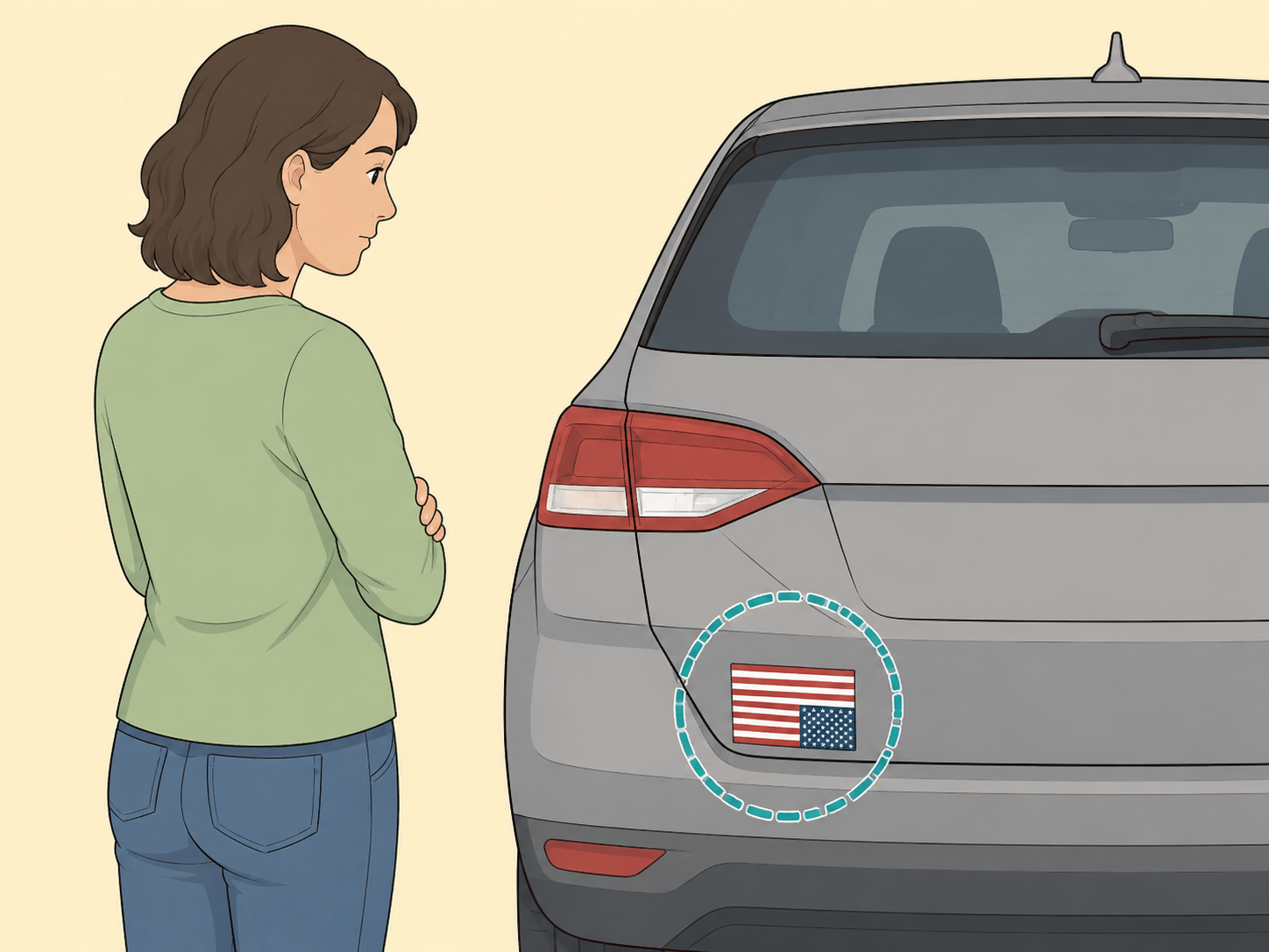 Person looking at an upside-down flag sticker on a parked car.