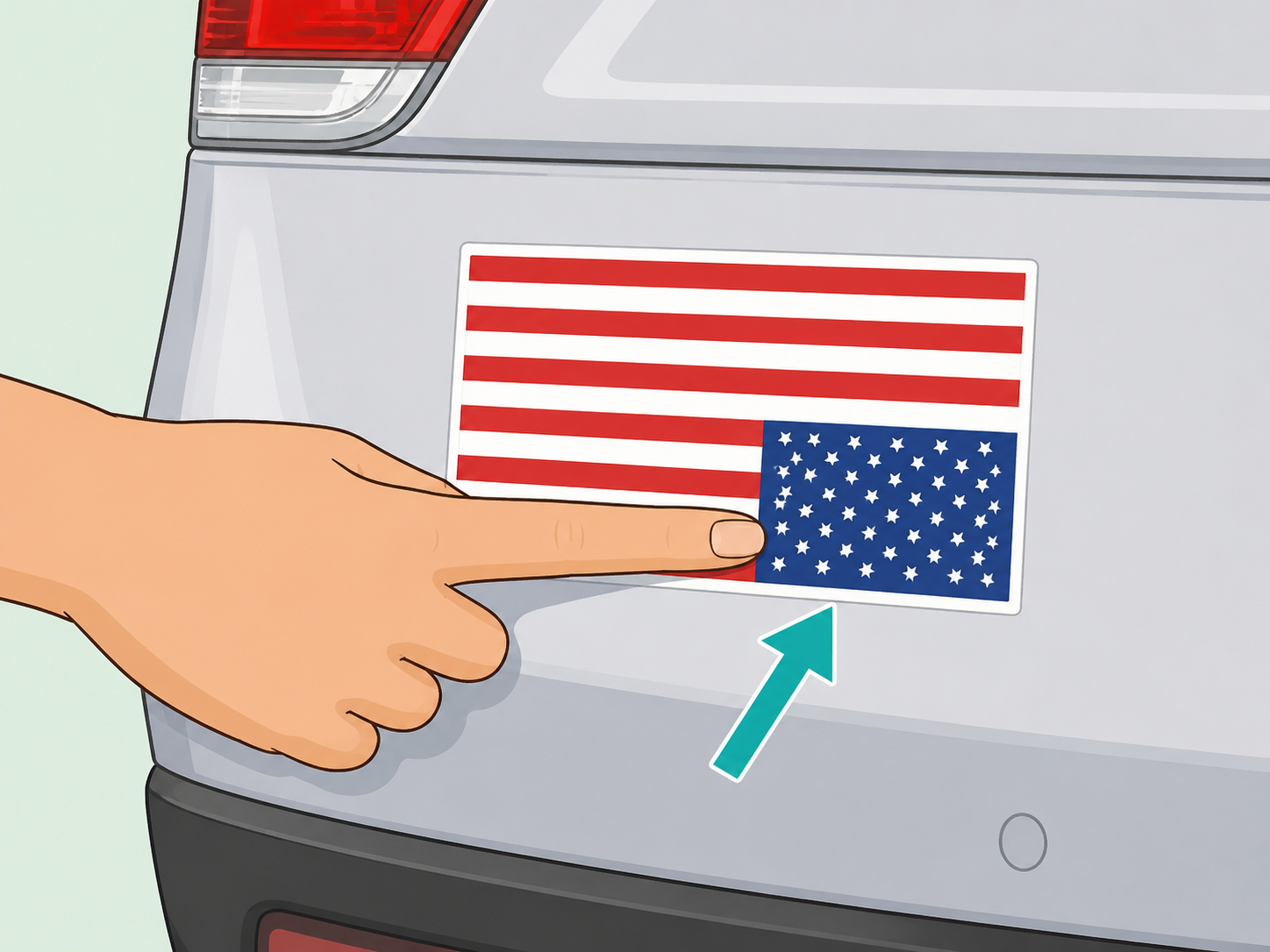 Hand checking the blue field on a flag-style car sticker.