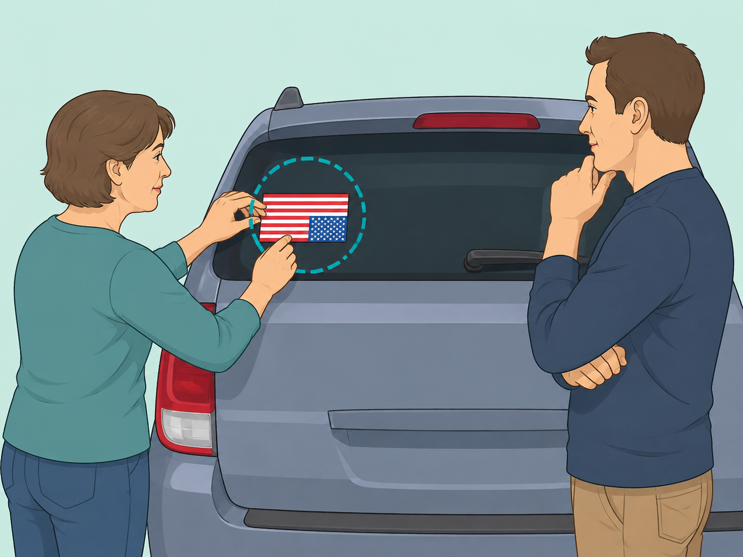 Driver using an upside-down flag-style decal as a symbolic message.
