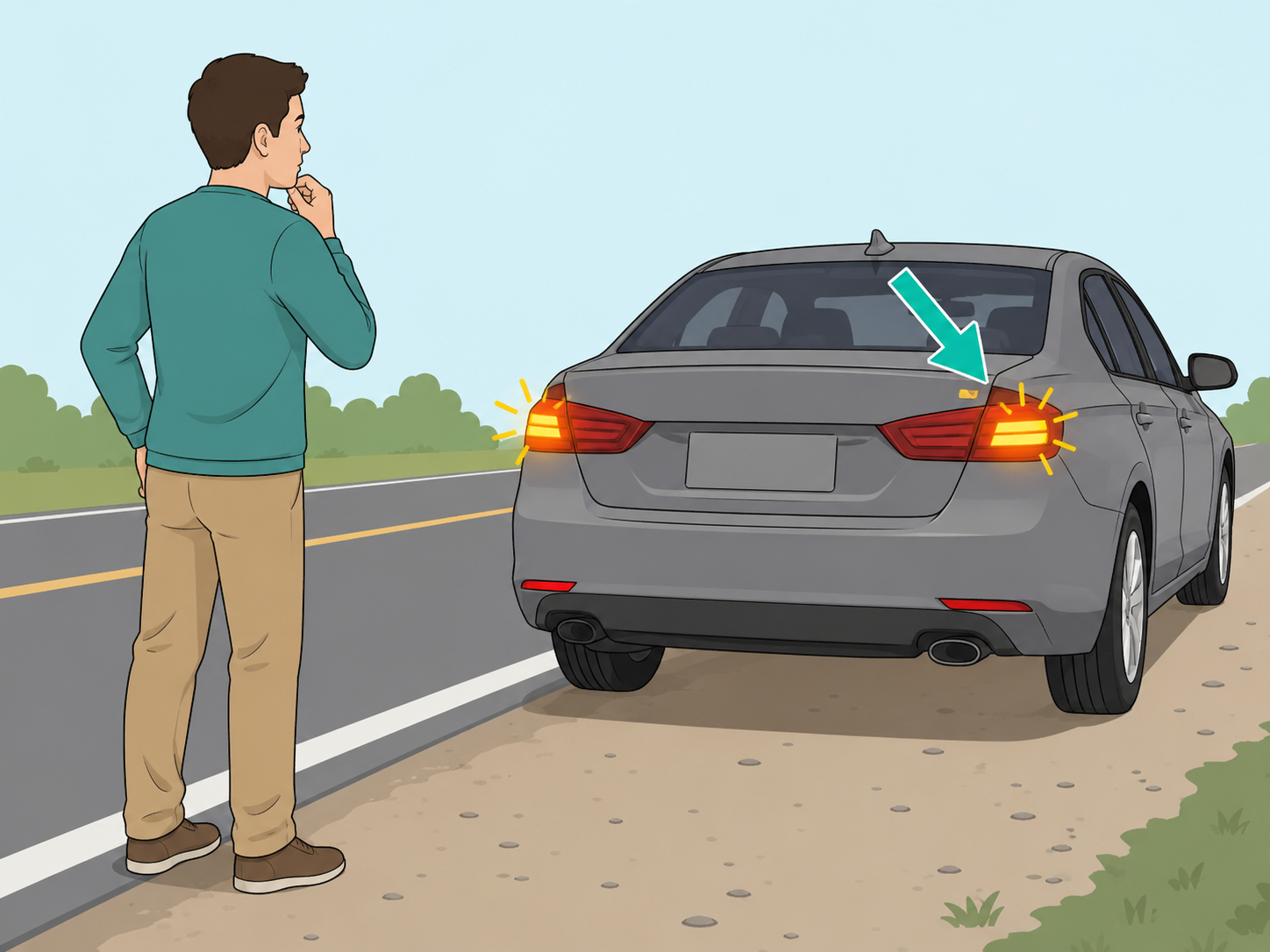 Person checking for real roadside danger near a parked car.