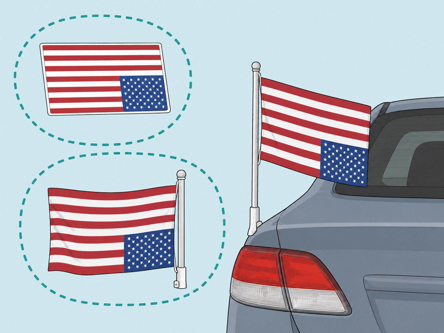 Comparison of a car flag decal and a cloth flag mounted on a vehicle.