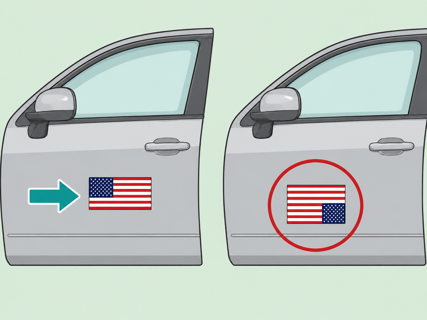 Comparison of a forward-facing flag-style car sticker and an upside-down one.