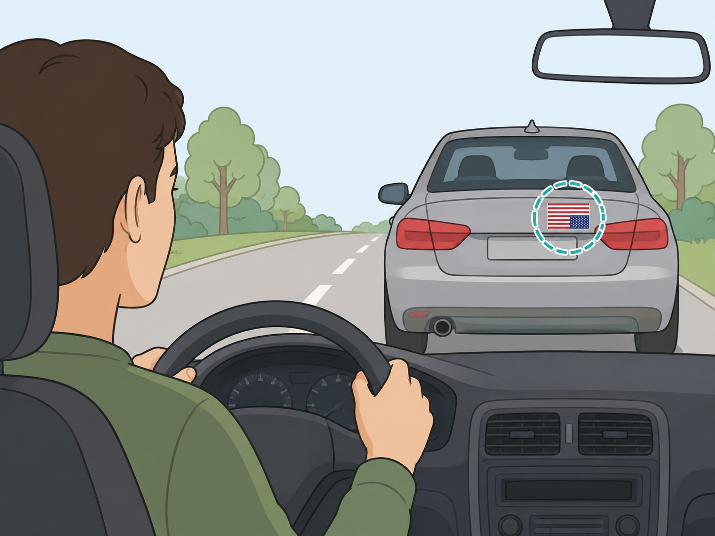Driver calmly noticing an upside-down flag-style sticker on another car.