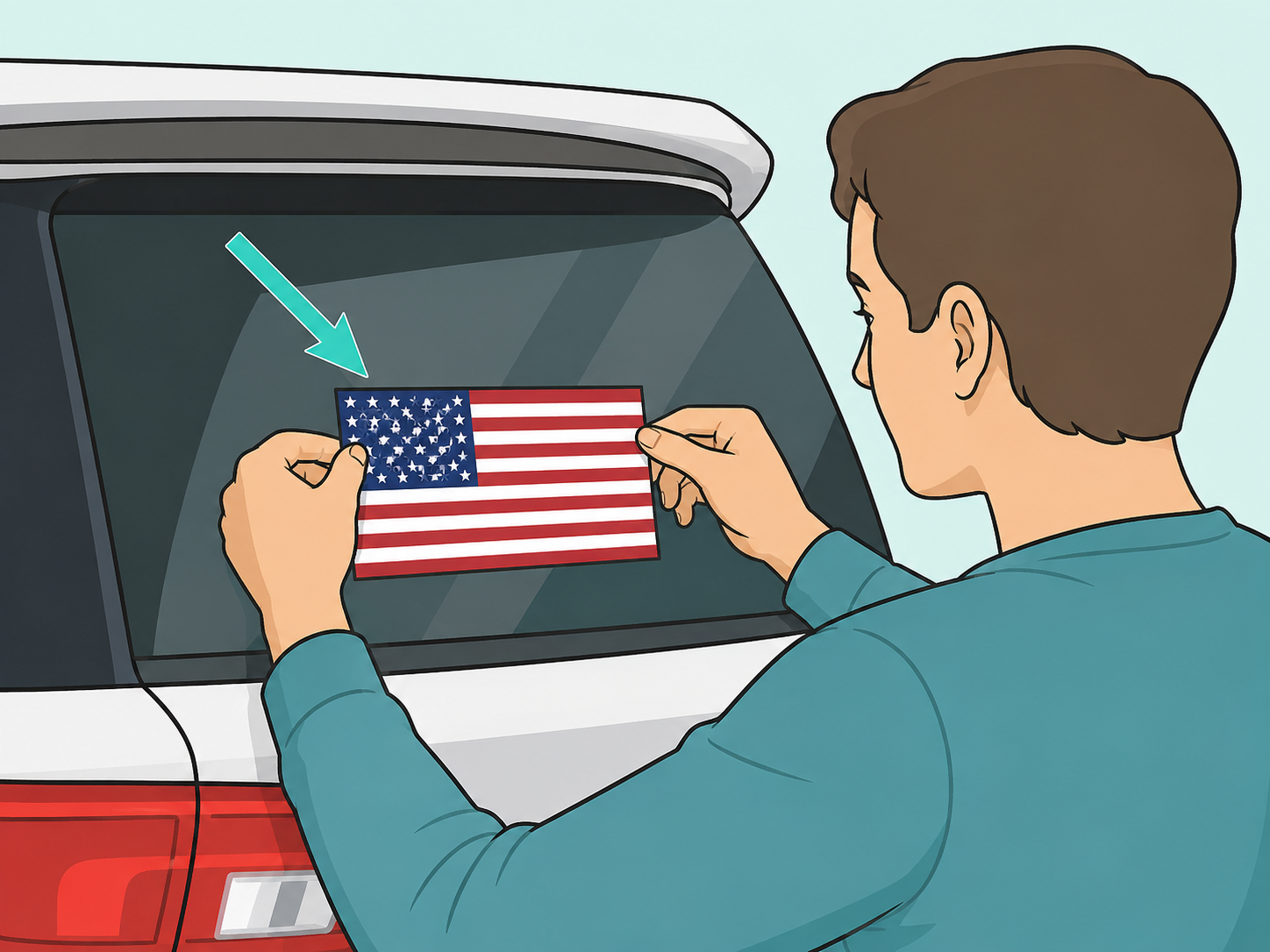 Person deliberately placing an upright flag-style sticker on a car window.