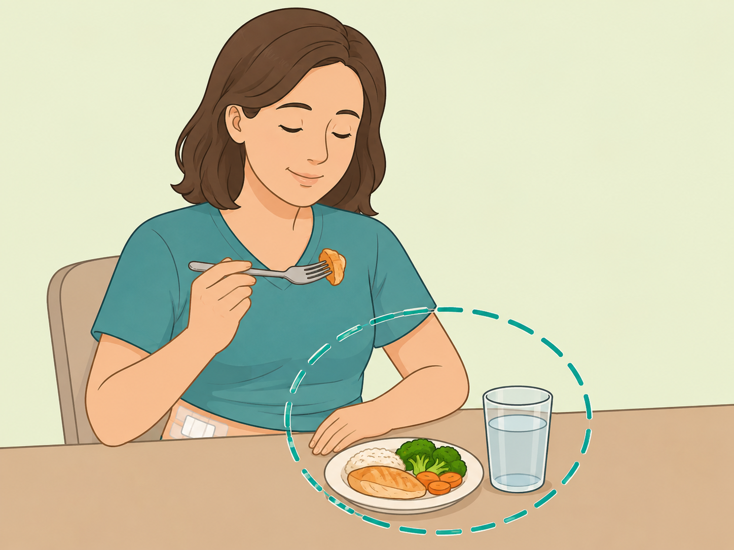 Person eating a small balanced meal while recovering after gallbladder surgery.