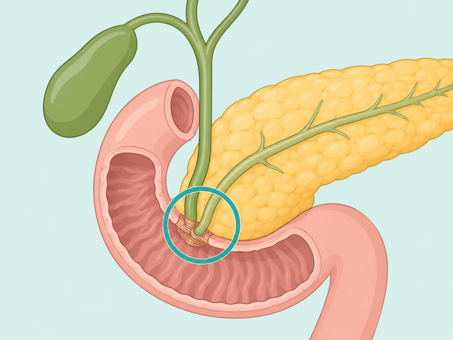 Diagram highlighting the sphincter area where bile and pancreatic juices drain.