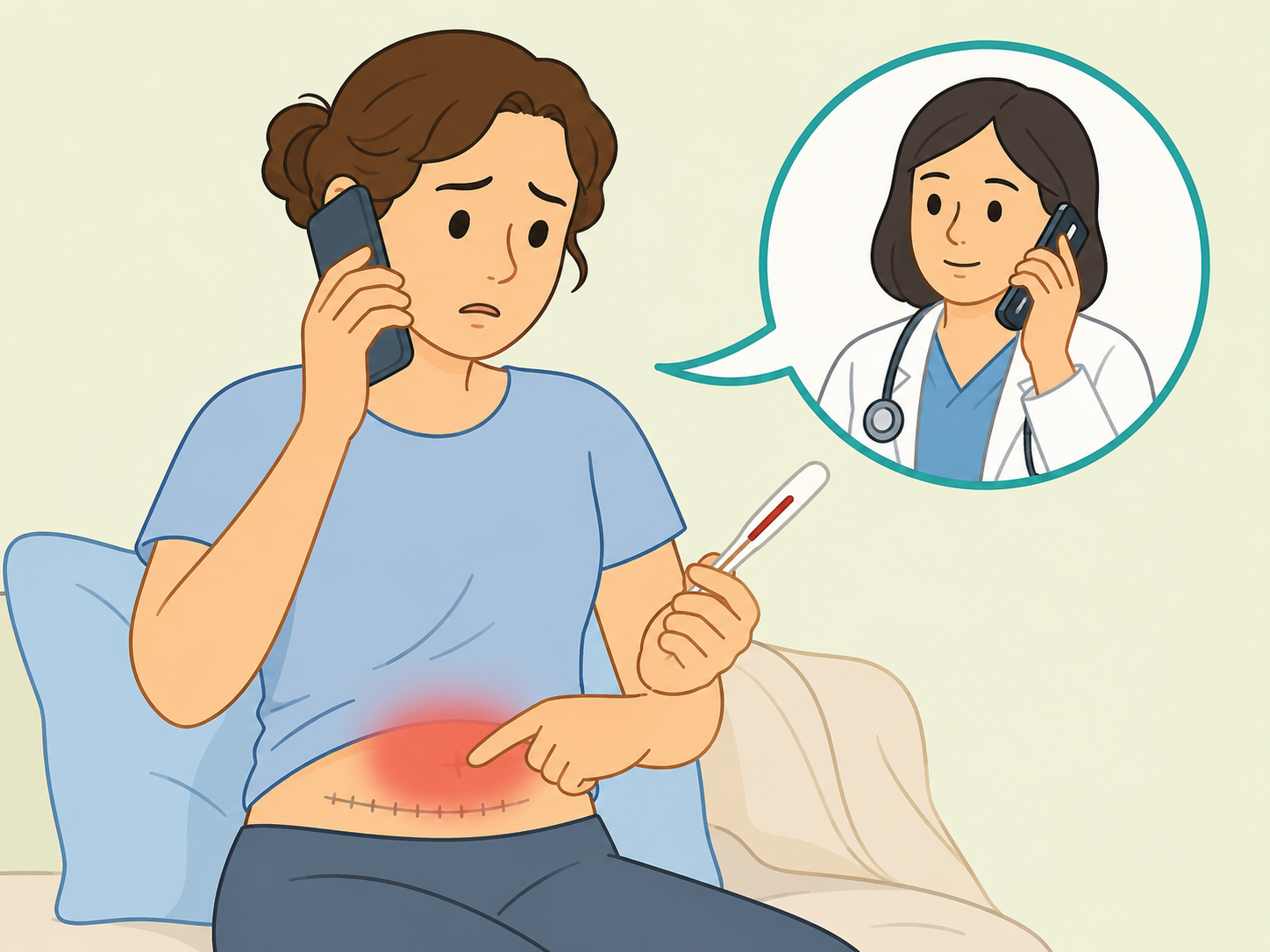 Person calling for medical help after red flag symptoms following gallbladder surgery.
