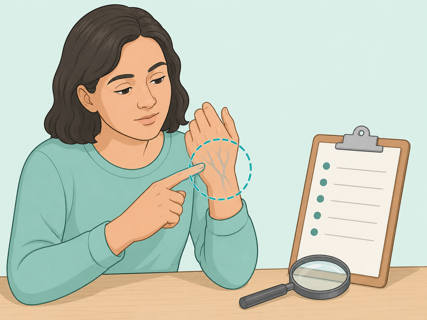 Illustration of a person calmly checking visible veins on the back of their hand.