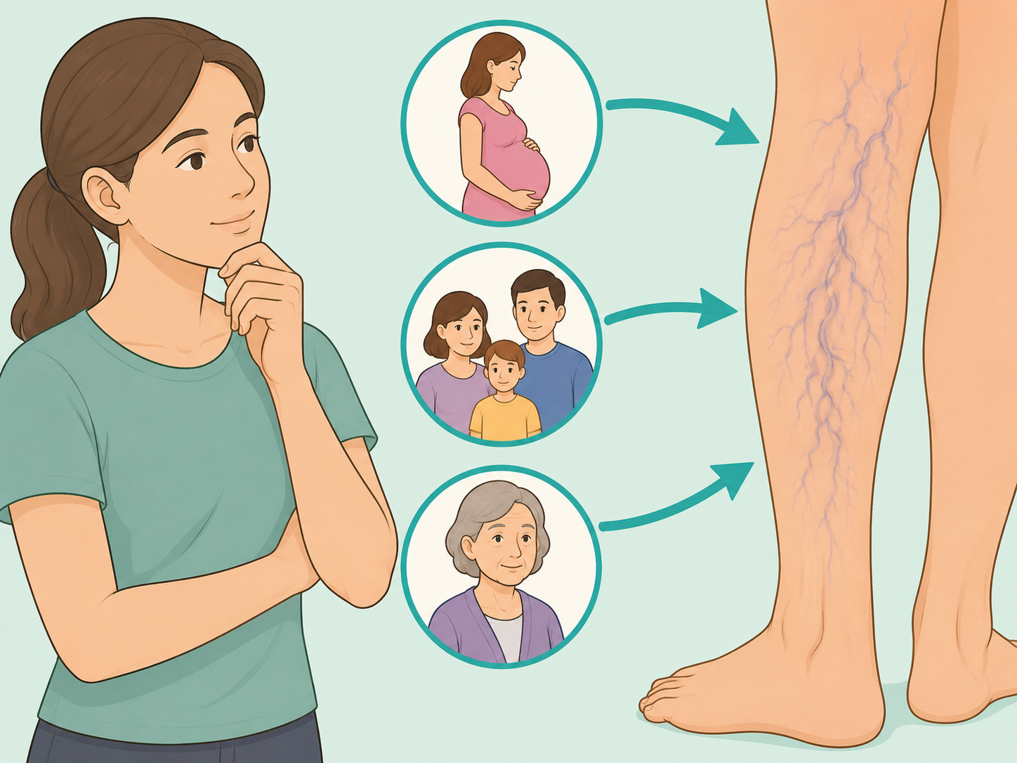 Person reviewing common risk factors for visible leg veins.
