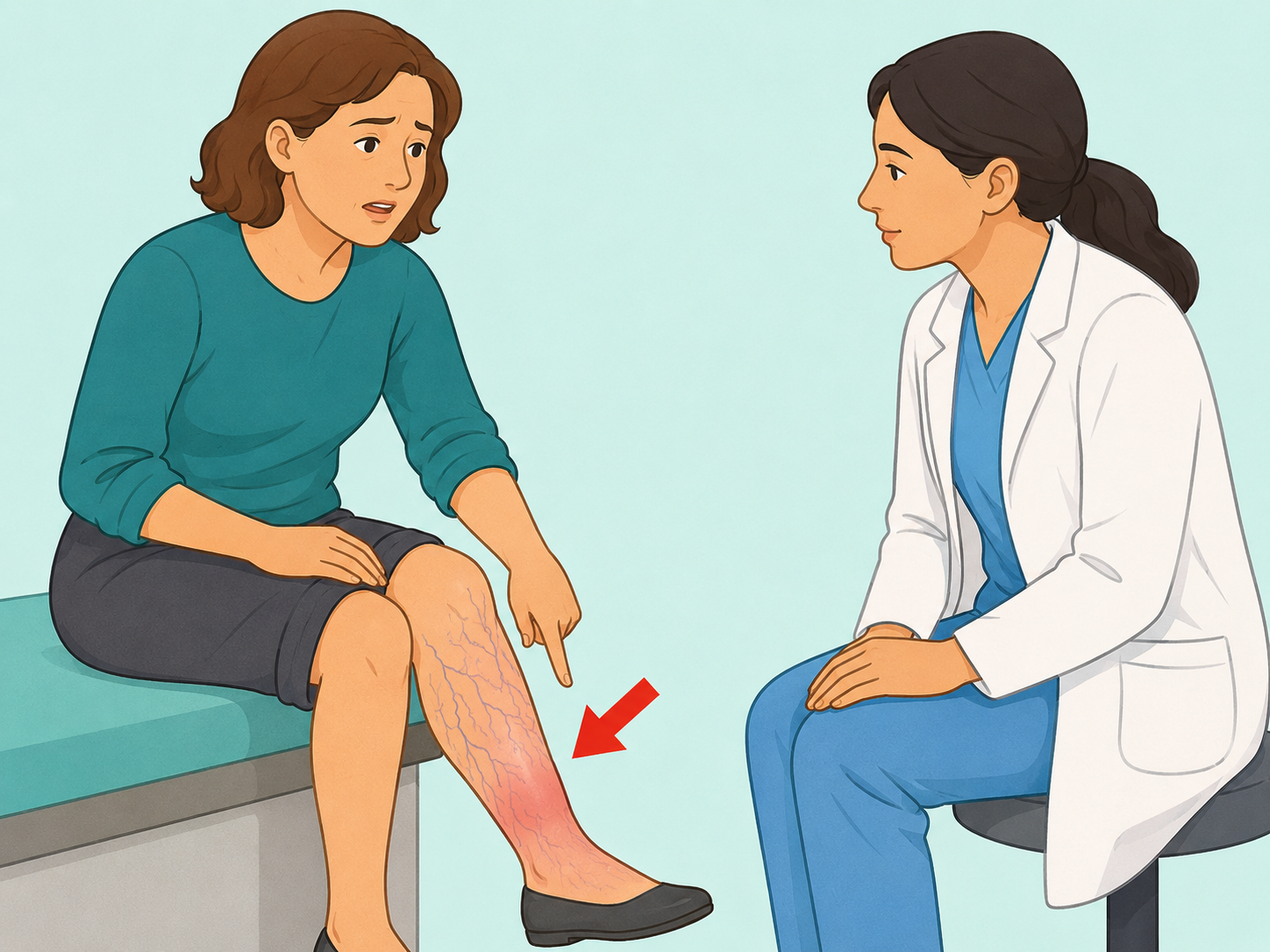 Person getting medical help for swollen painful visible veins.
