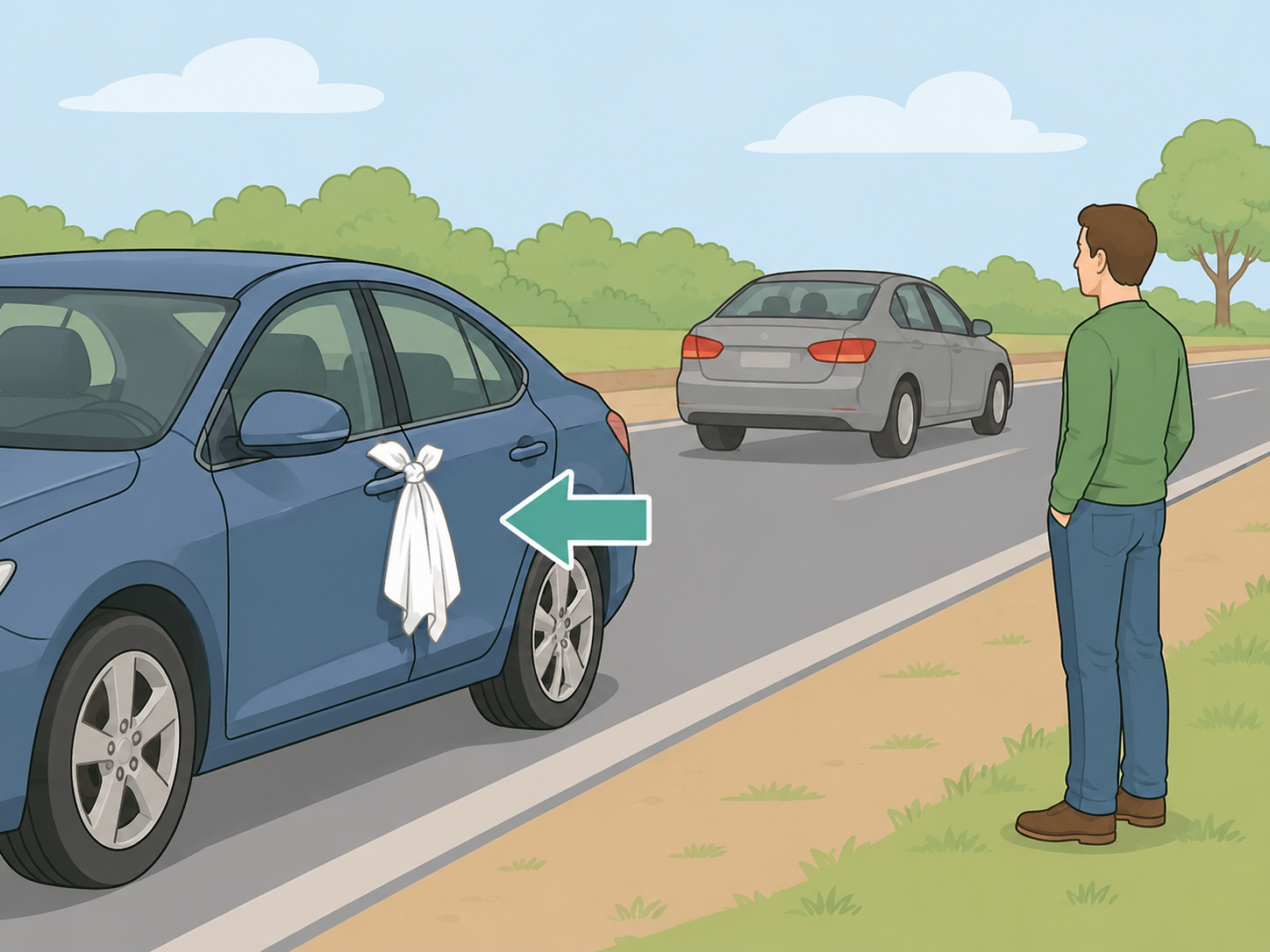 A white cloth tied to a parked car handle as a roadside help signal.
