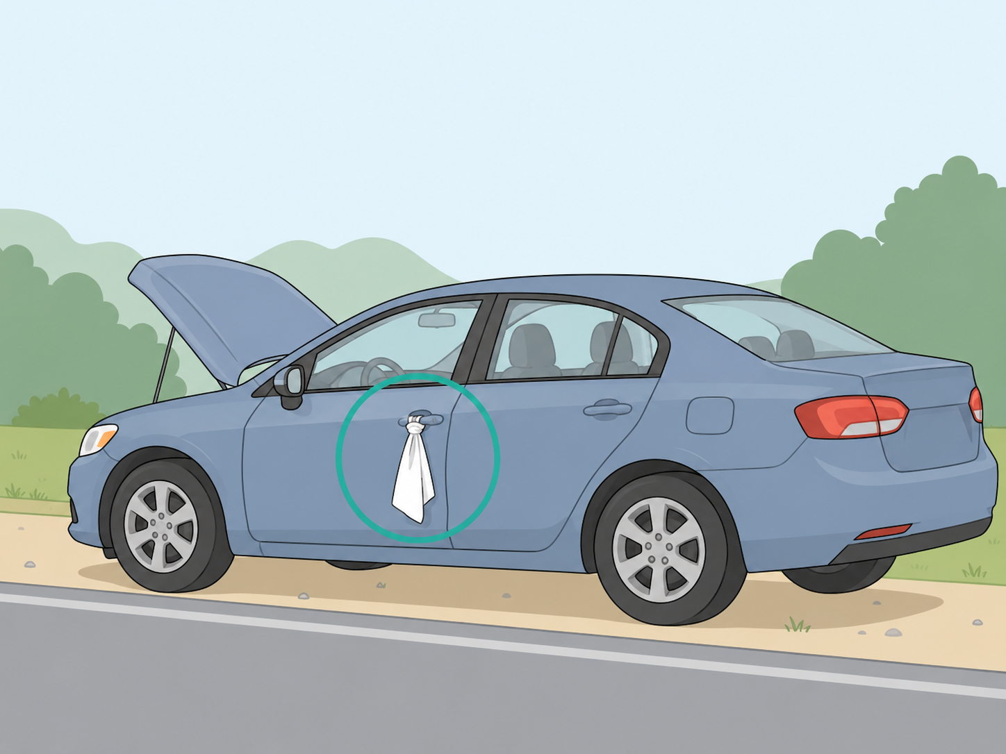 A white cloth tied to a car door handle to signal for help.