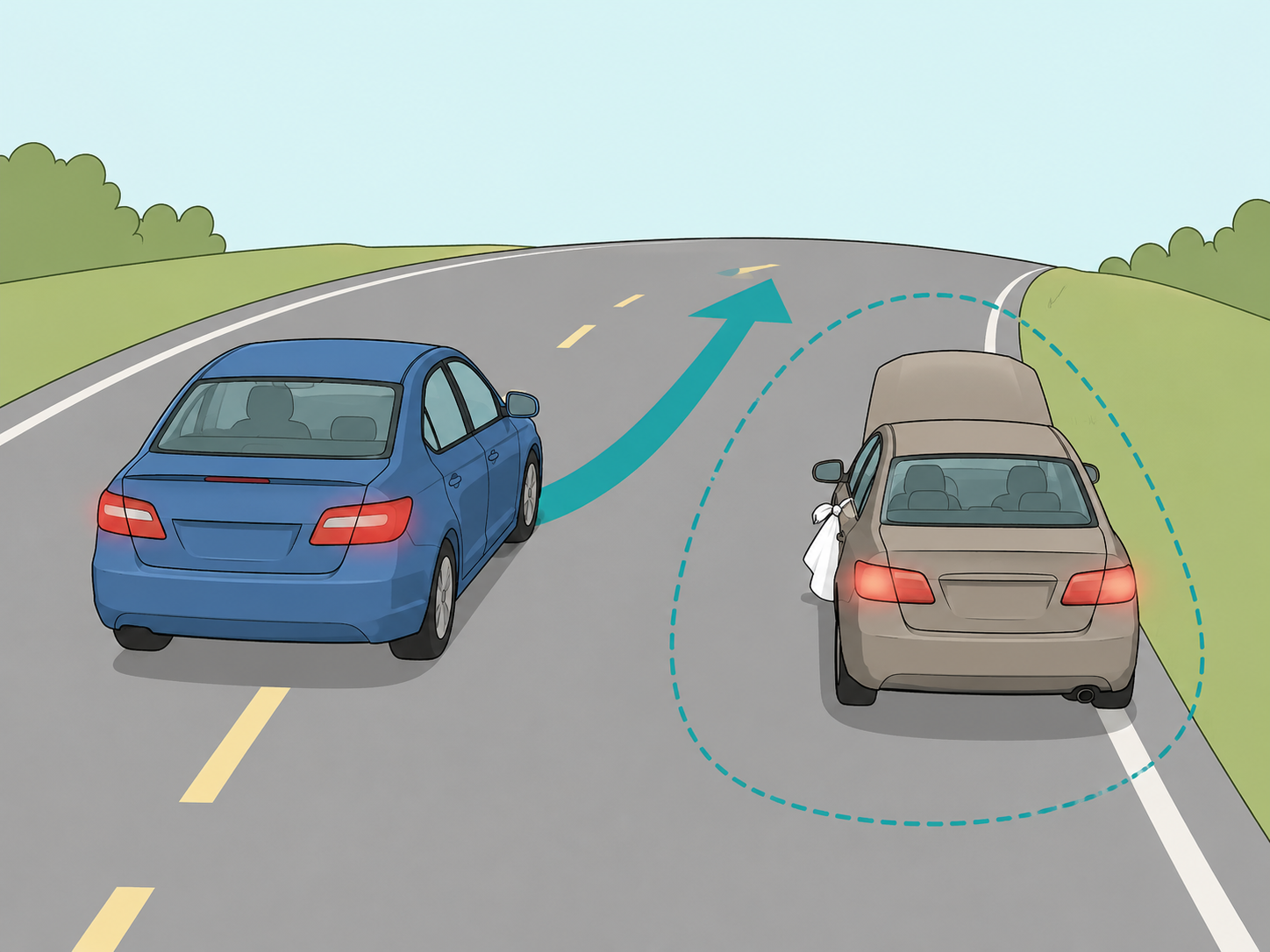 A car slowing and moving over safely for a stopped vehicle.