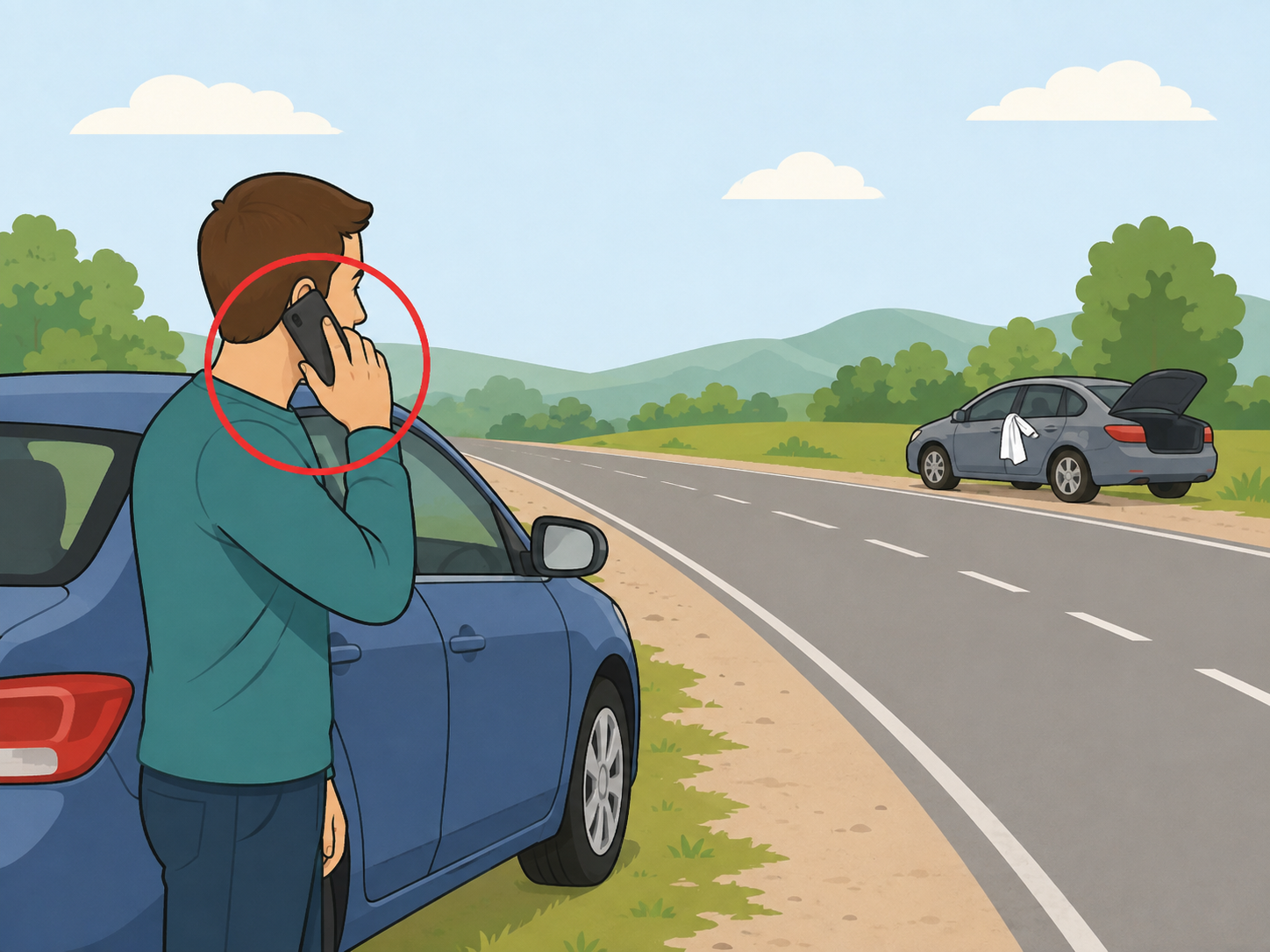 A driver calling emergency services from a safe place.