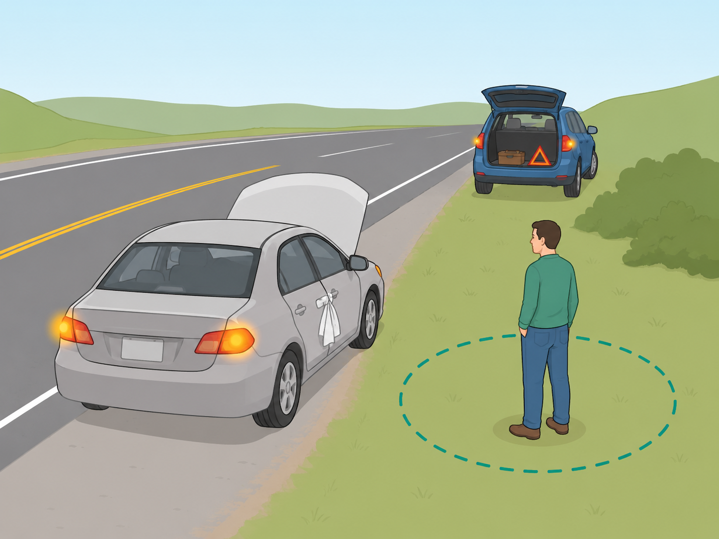 A person offering help only from a safe roadside position.