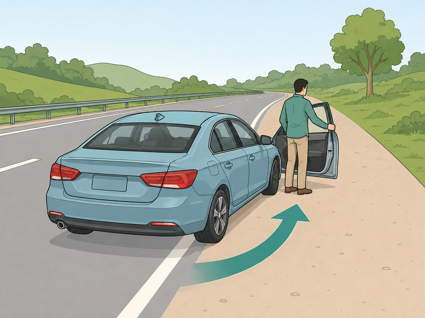 A driver moving a disabled car fully off the road before signaling.