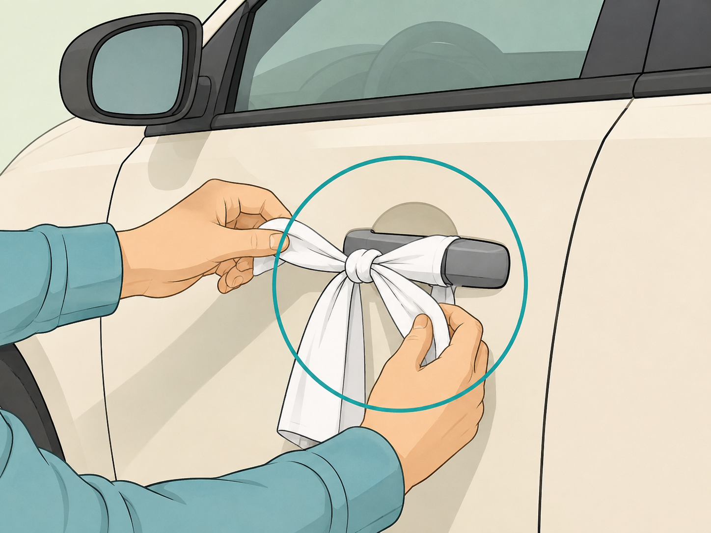 Hands tying a white cloth securely to a car door handle.